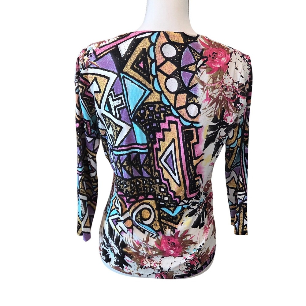 Alberto Makali XL Womens V-Neck 3/4 Sleeve Sequin Geometric Floral Maximalist - Picture 8 of 9